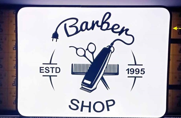 Mẫu bảng hiệu hộp đèn mica hút nổi của tiệm cắt tóc nam Barber shop