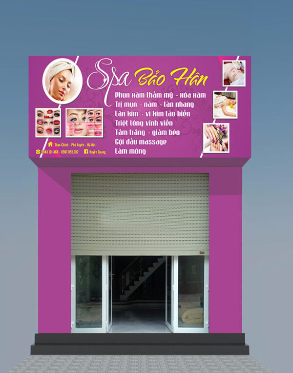 Spa nhỏ nên chọn mica dán decal hoặc hiflex in UV đảm bảo thẩm mỹ và tiết kiệm chi phí